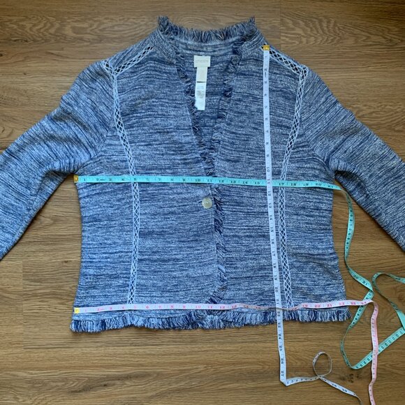 Chico’s Blue & White Fringe-Trim Woven Jacket – Size 2 - Picture 9 of 10